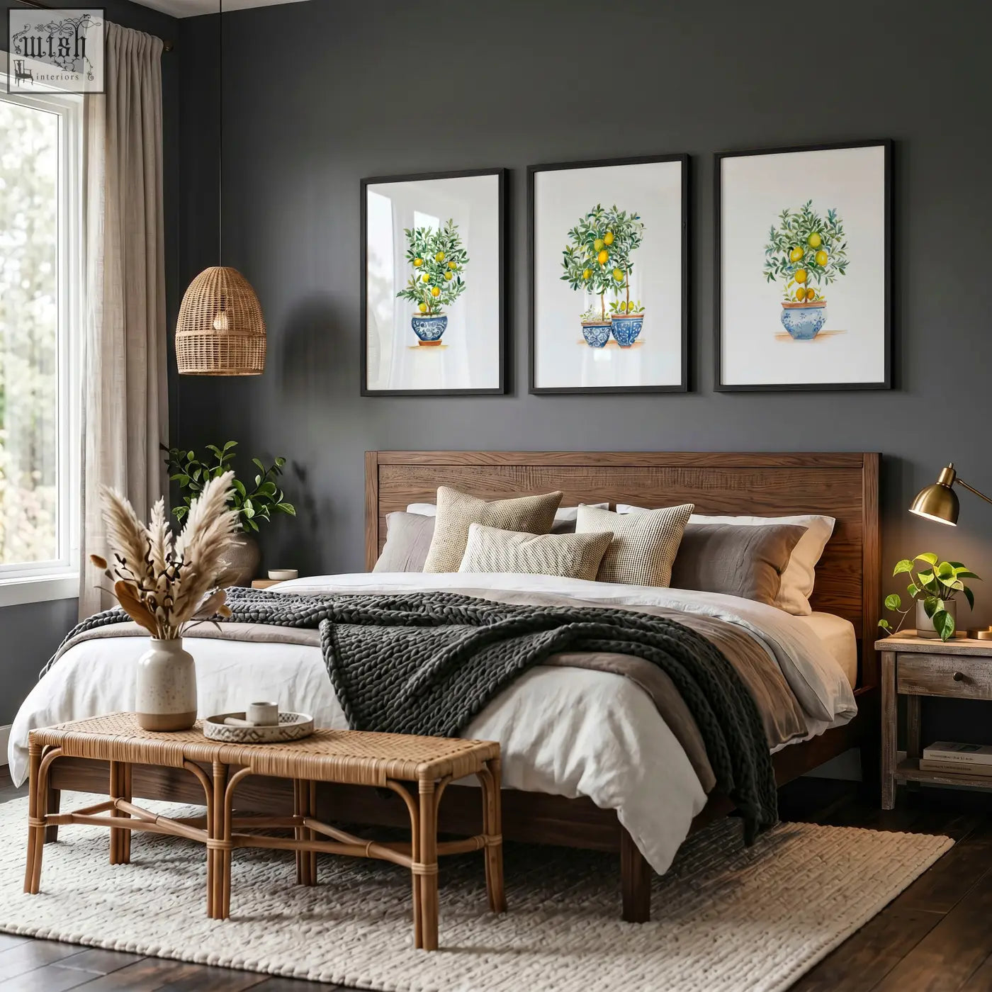 A rustic wooden bed with dark brown finish and neutral pillows below french country lemon tree bedroom pictures set
