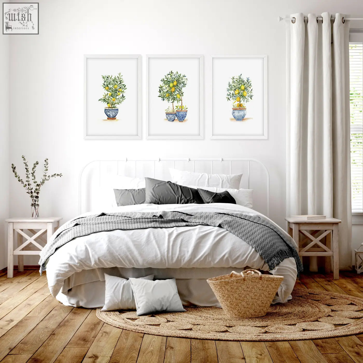 Woven wicker basket with sturdy handles on round jute rug complements french country bedroom pictures lemon tree art prints