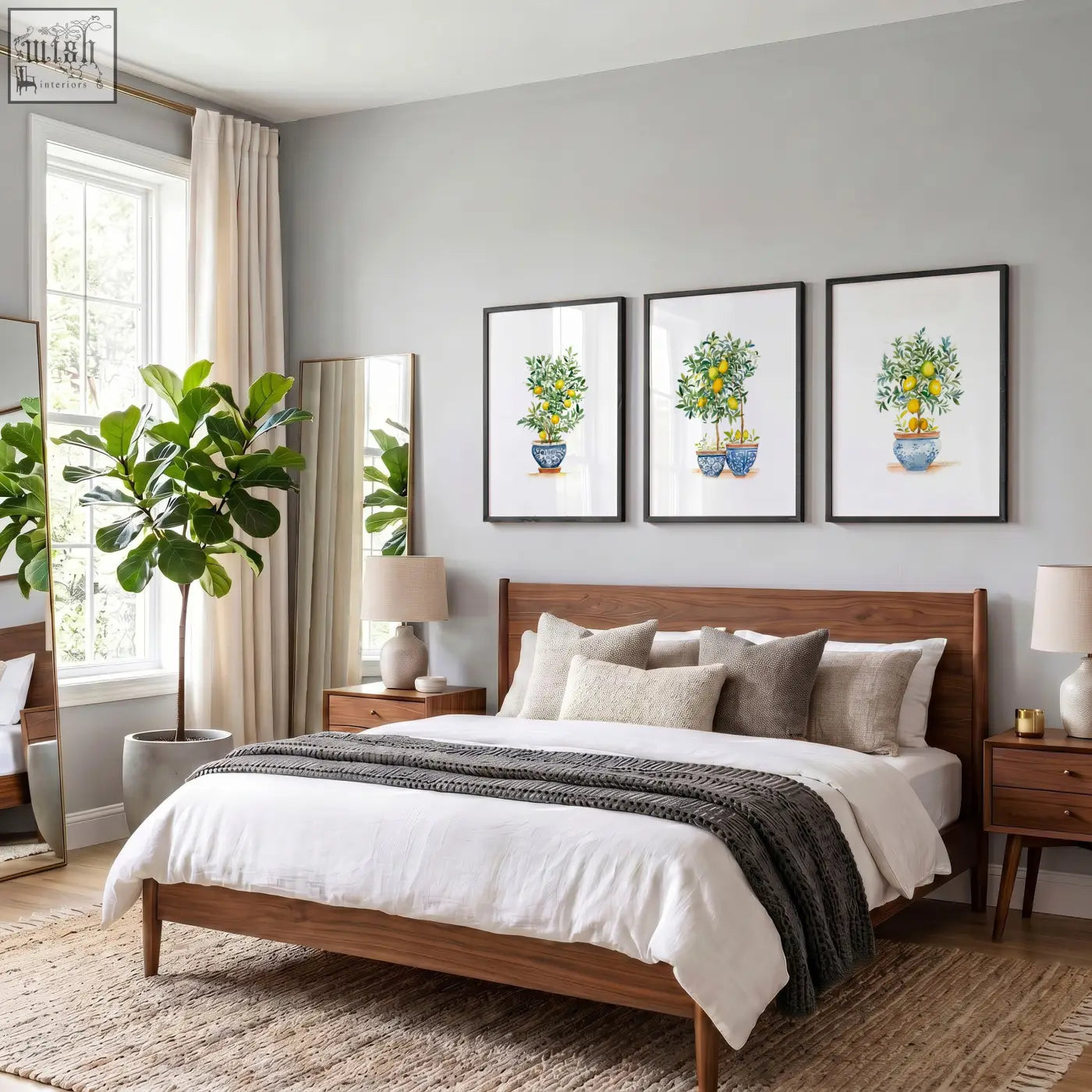 Wooden bed with dark brown finish and white bedding with gray pillows in french country bedroom with lemon tree pictures
