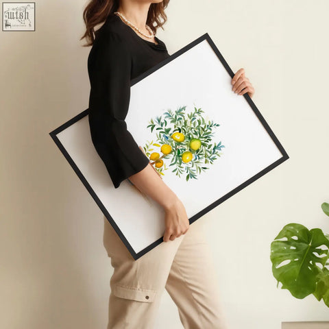 Black-framed bedroom pictures featuring french country lemon tree watercolor art with green and yellow citrus fruits