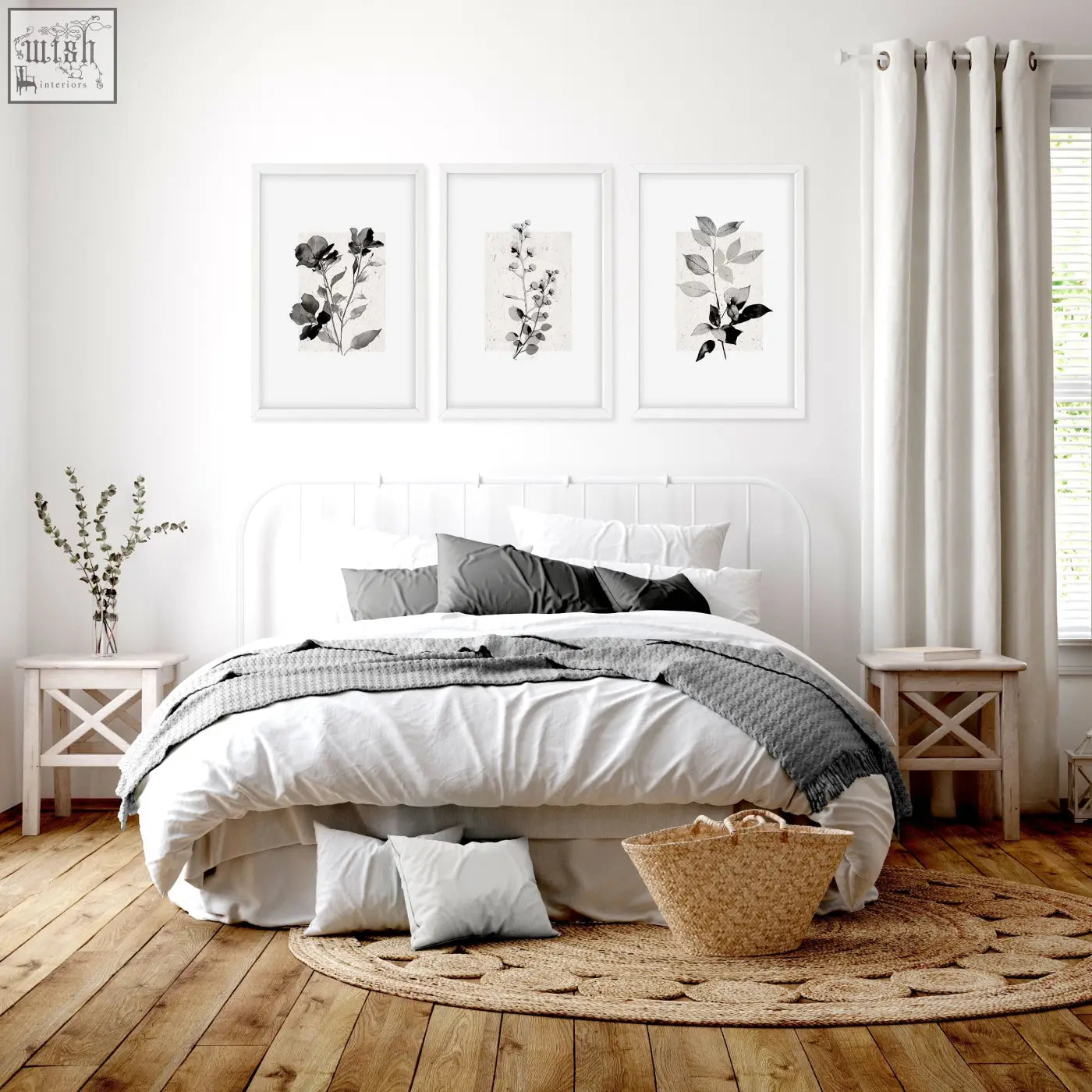 Woven natural fiber basket with handles on round jute rug complements french country bedroom pictures wall art prints