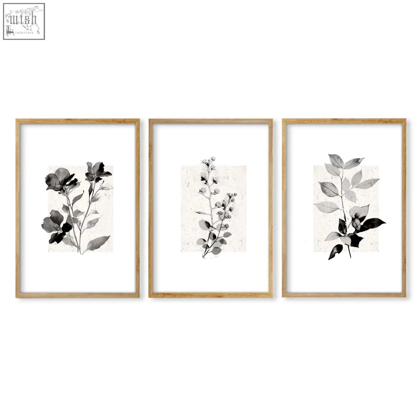 Set of 3 rustic botanical bedroom pictures with black and gray ink floral wall art in light wood french country frames