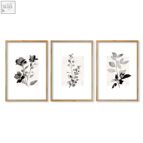Set of 3 rustic botanical bedroom pictures with black and gray ink floral wall art in light wood french country frames
