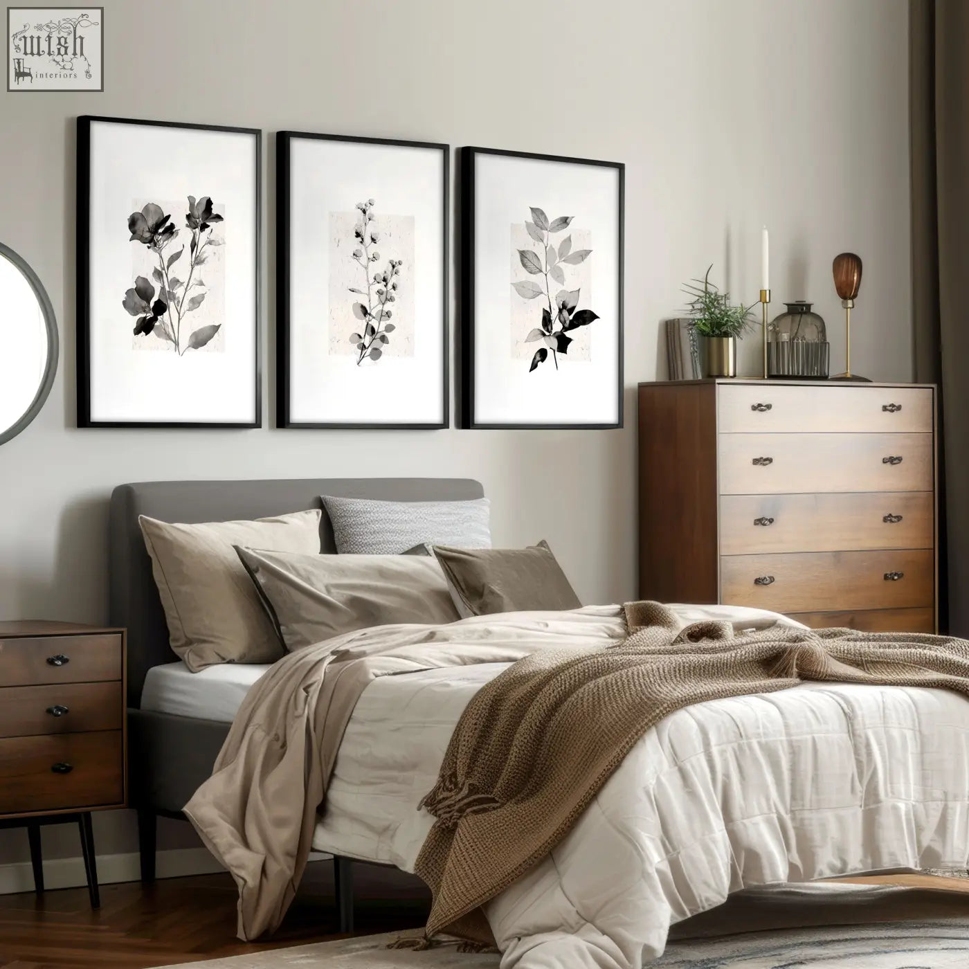 Three black-framed bedroom pictures with rustic french country botanical wall art in beige and grey floral prints