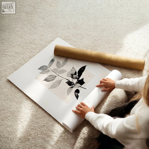 A minimalist black and gray botanical print on white paper roll perfect for french country bedroom pictures wall art