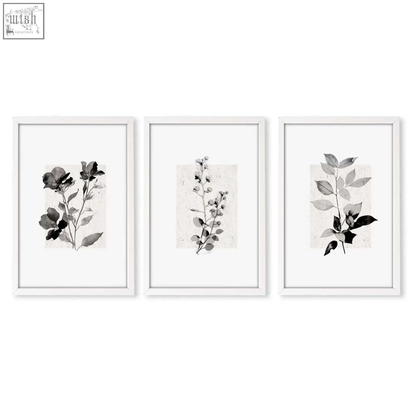 Set of 3 bedroom pictures featuring rustic french country floral wall art prints in beige and grey with white frames