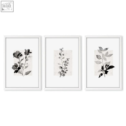 Set of 3 bedroom pictures featuring rustic french country floral wall art prints in beige and grey with white frames