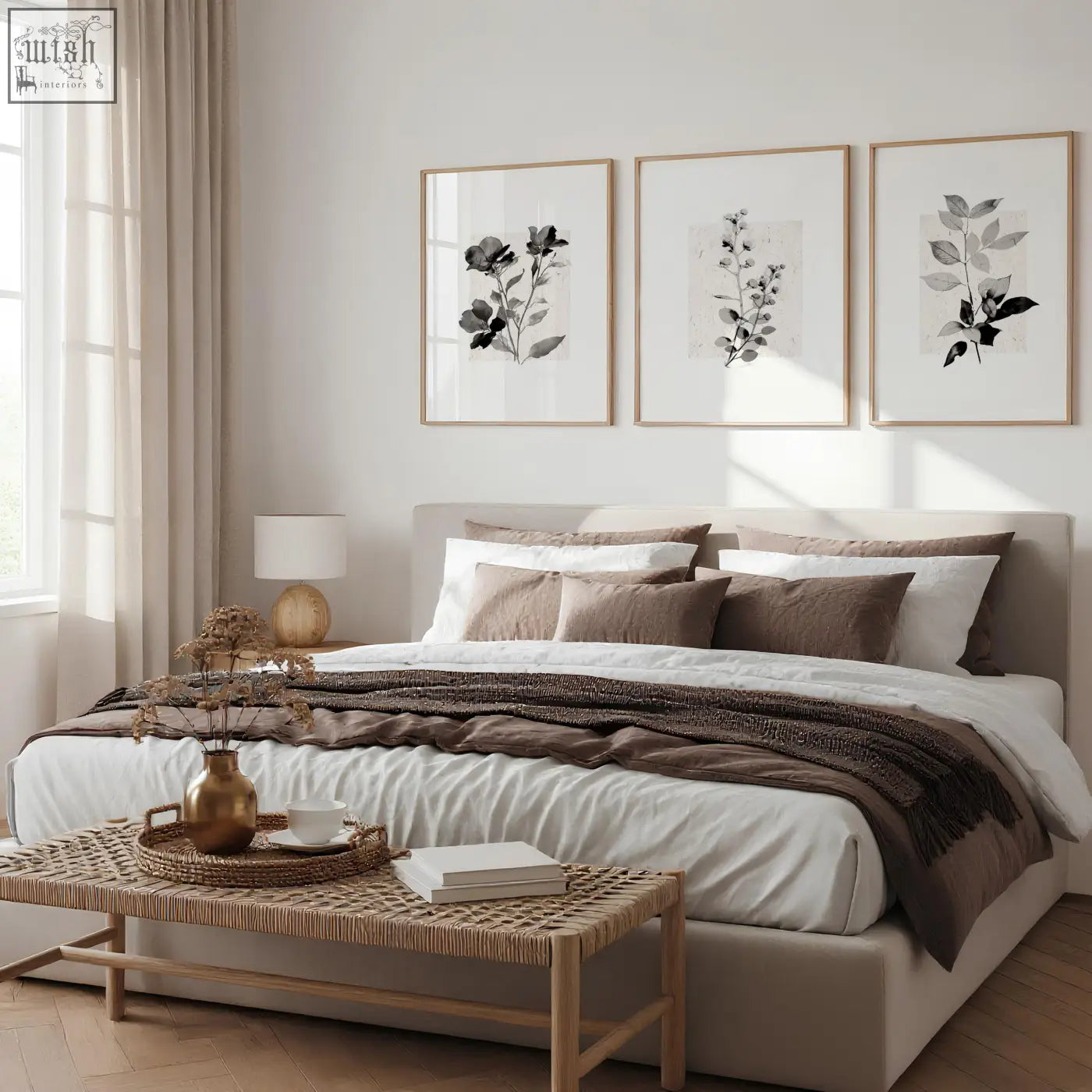 A beige upholstered bed with matching headboard layered with white linens and brown pillows for french country bedroom pictures wall art