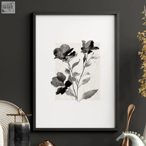 Black-framed rustic botanical bedroom pictures with beige and grey floral wall art prints on textured paper french country style