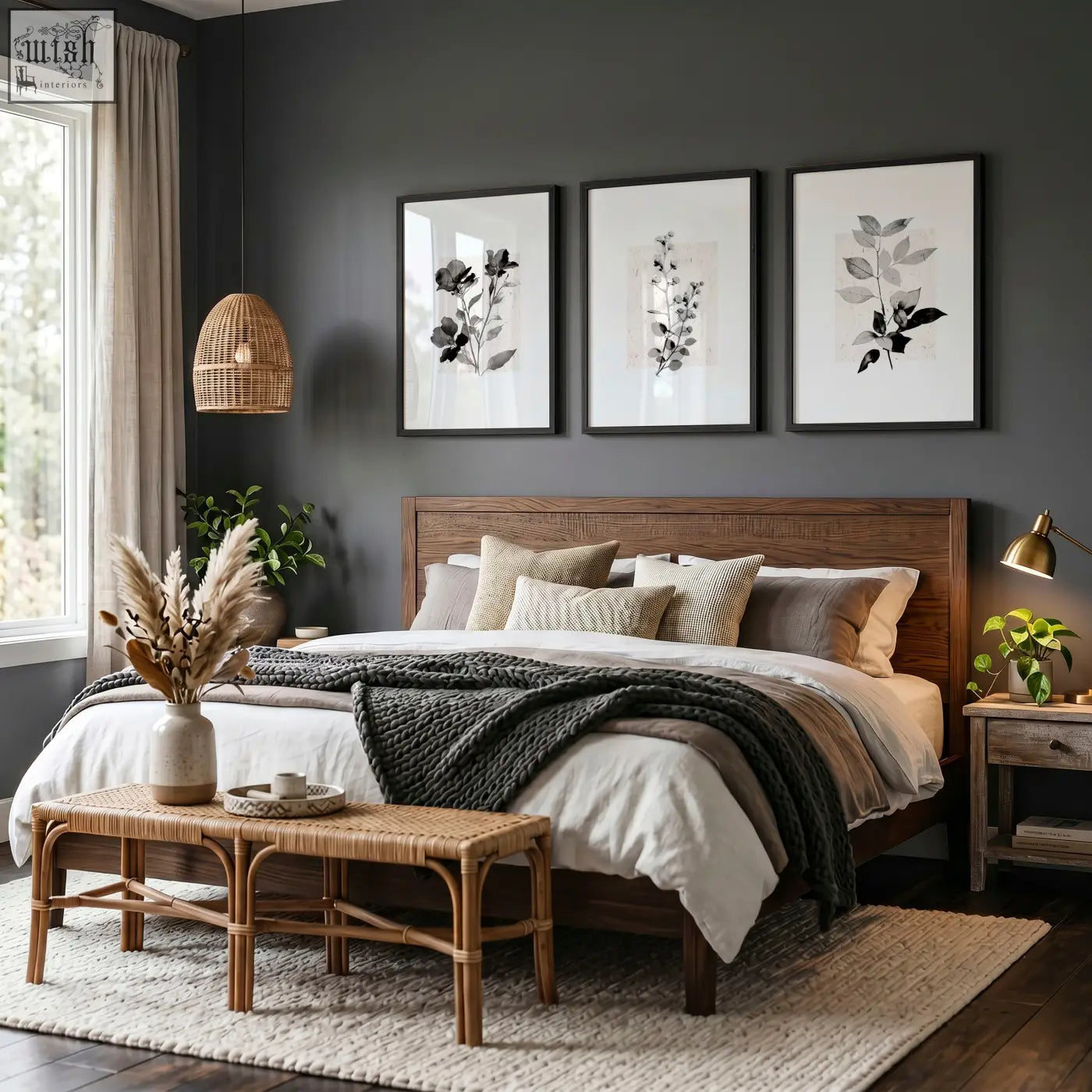 A rustic wooden bed with dark brown finish and woven rattan headboard perfect for french country bedroom pictures and wall art