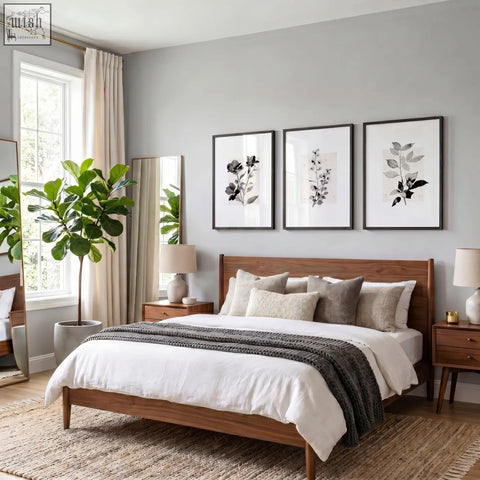 Wooden bed with dark brown finish and matching nightstands featuring white bedding and gray pillows in french country bedroom pictures with rustic botanical wall art