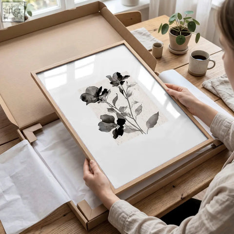 Minimalist wooden-framed bedroom pictures featuring rustic botanical beige and grey floral wall art in french country style