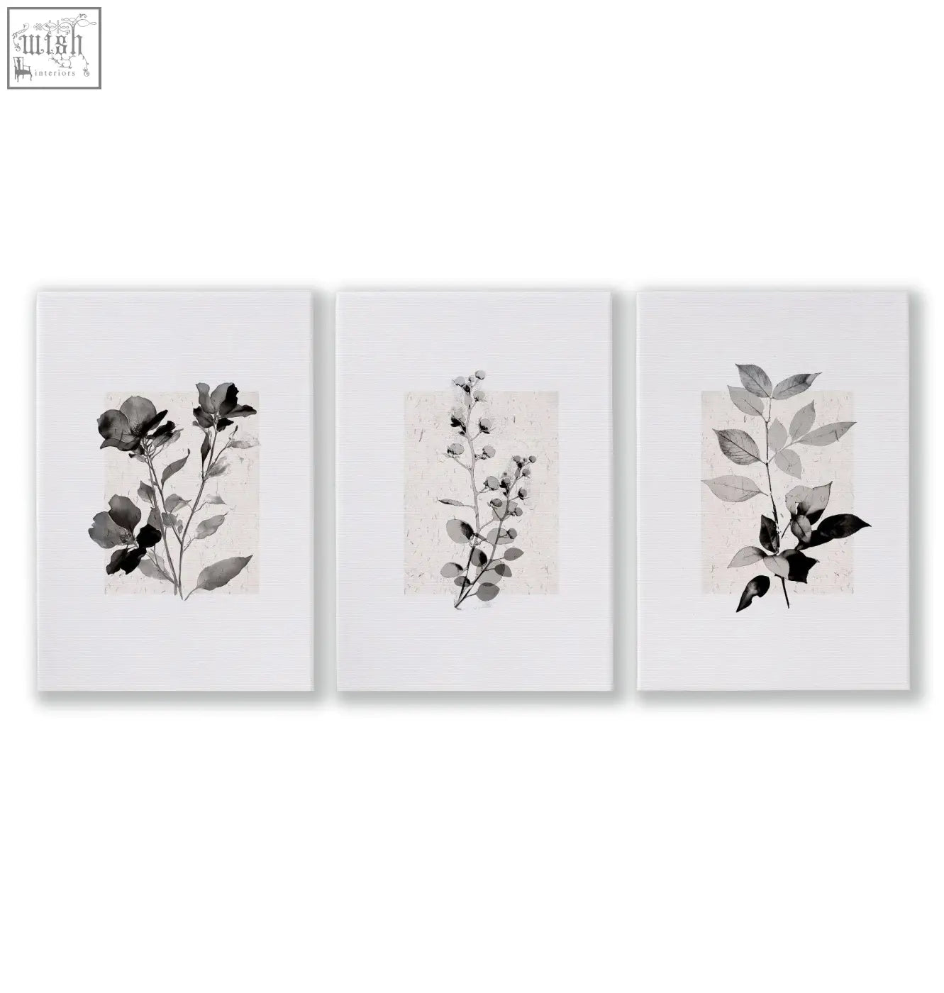 Set of three framed bedroom pictures featuring rustic french country botanical wall art in beige and grey tones