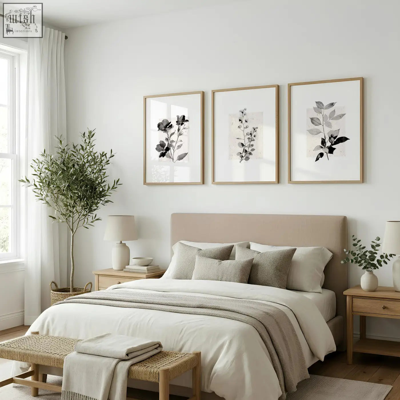Beige upholstered bed with matching pillows and throw blanket paired with rustic botanical french country wall art prints
