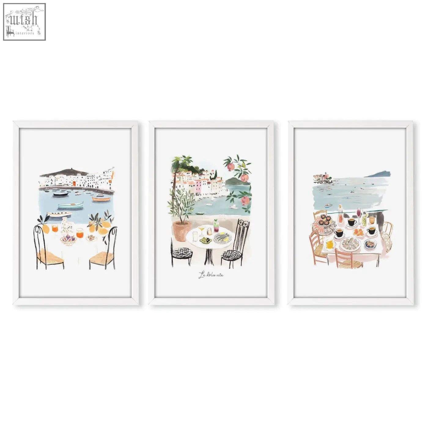 Set of 3 white-framed bedroom prints featuring mediterranean coastal dining scene inspired by la dolce vita