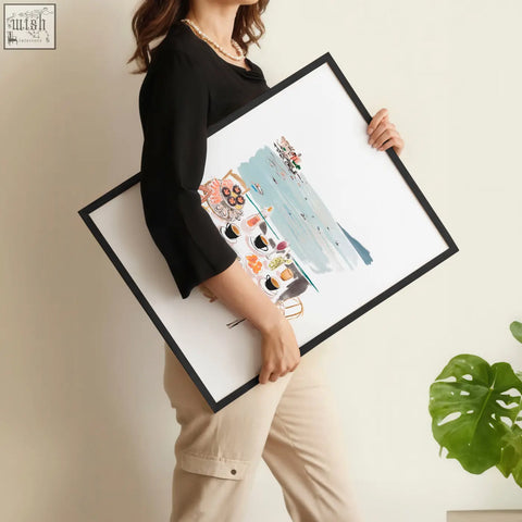 Black-framed bedroom prints featuring colorful dolce vita dining scene with pastel seaside café illustration set of 3