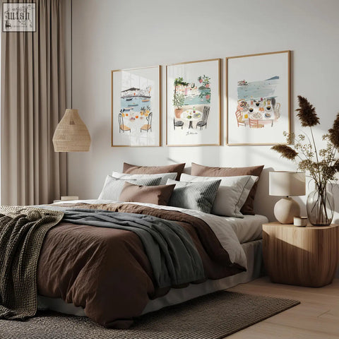 Brown and gray layered bedding set with textured knit throw blanket featuring bedroom prints of dolce vita dining scene