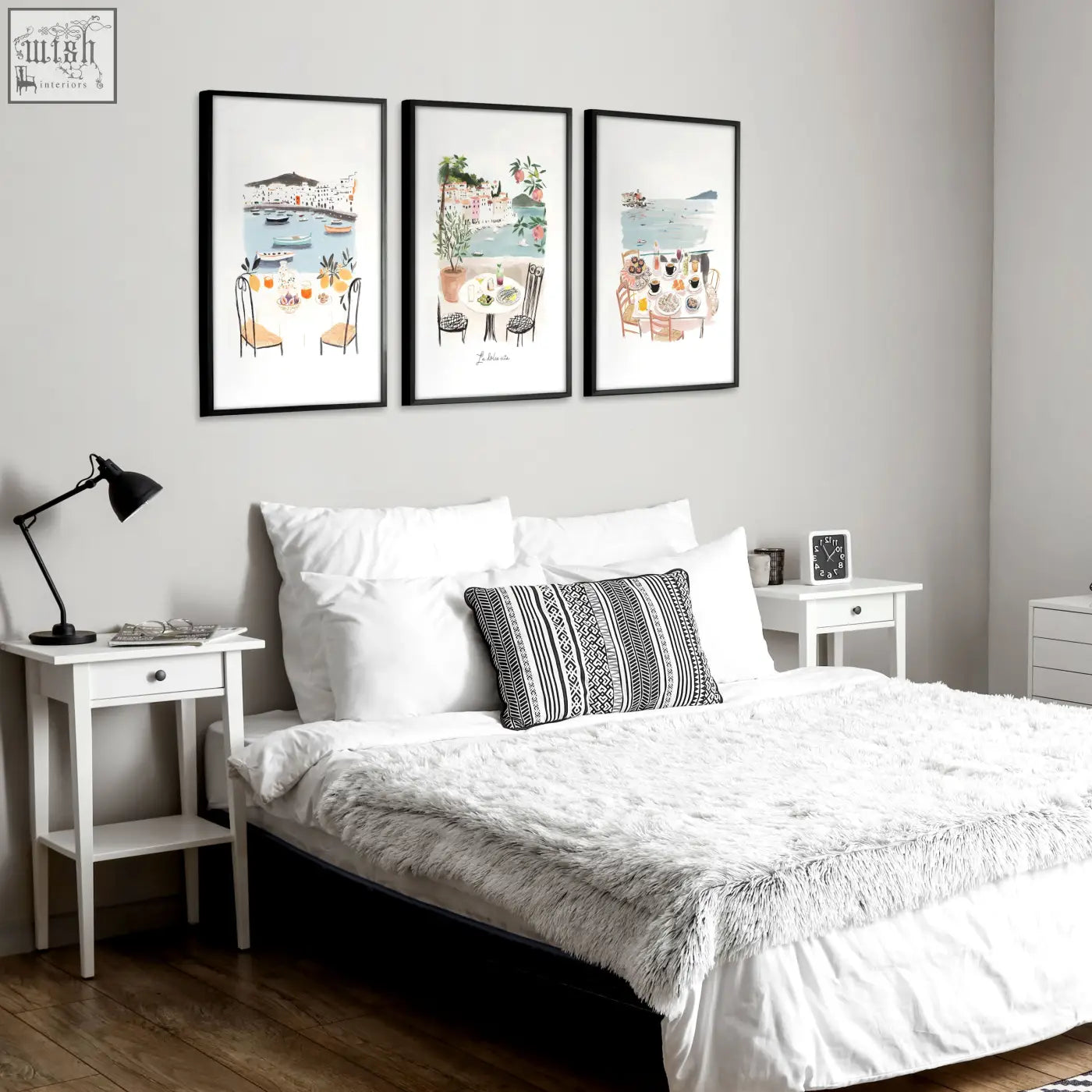 Three bedroom prints featuring mediterranean coastal dining scene la dolce vita in black frames with soft watercolor art