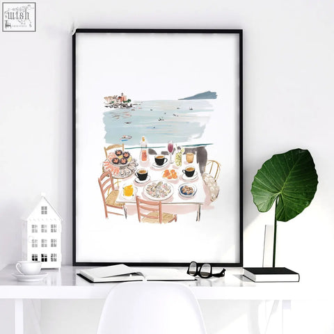 Black-framed bedroom prints featuring a pastel watercolor dining scene dolce vita with detailed seaside table settings