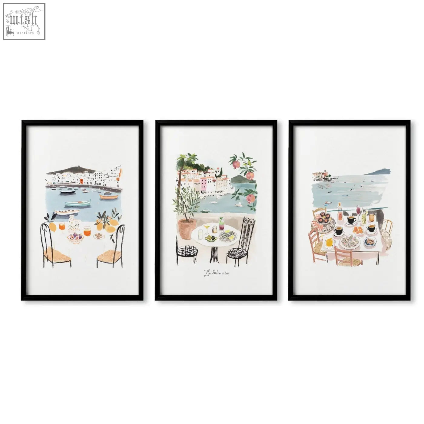 Set of three black-framed bedroom prints featuring mediterranean coastal dining scene capturing dolce vita vibe