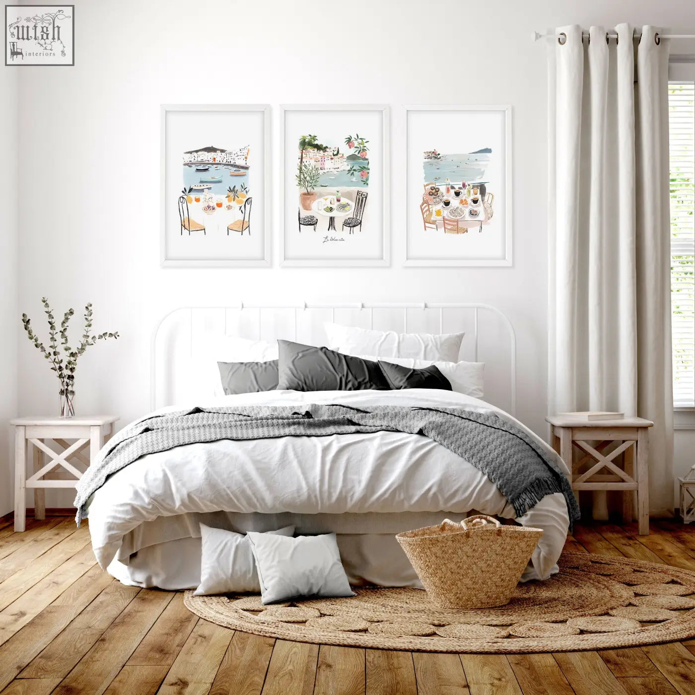 Woven natural fiber basket with handle displayed alongside bedroom prints dining scene dolce vita set of 3