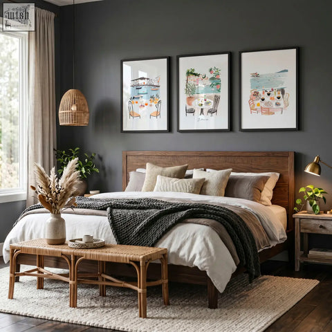 Wooden bed with dark brown finish and neutral pillows styled with bedroom prints of mediterranean dolce vita dining scene