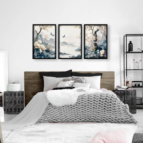 Bedroom Wall Ideas Pictures | Set of 3 Chinoiserie Wall art Prints