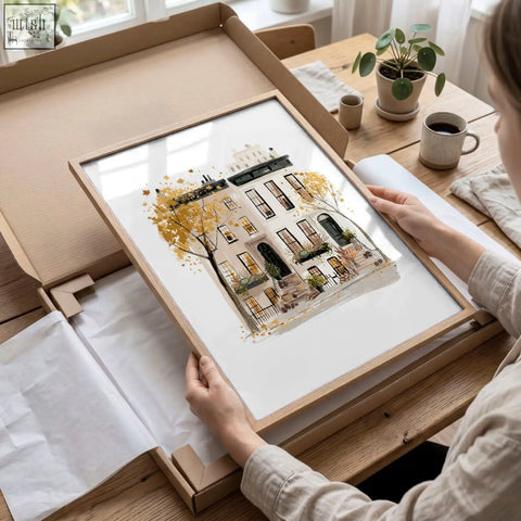 A framed watercolor art print of a york city townhouse with golden autumn leaves perfect as wall art