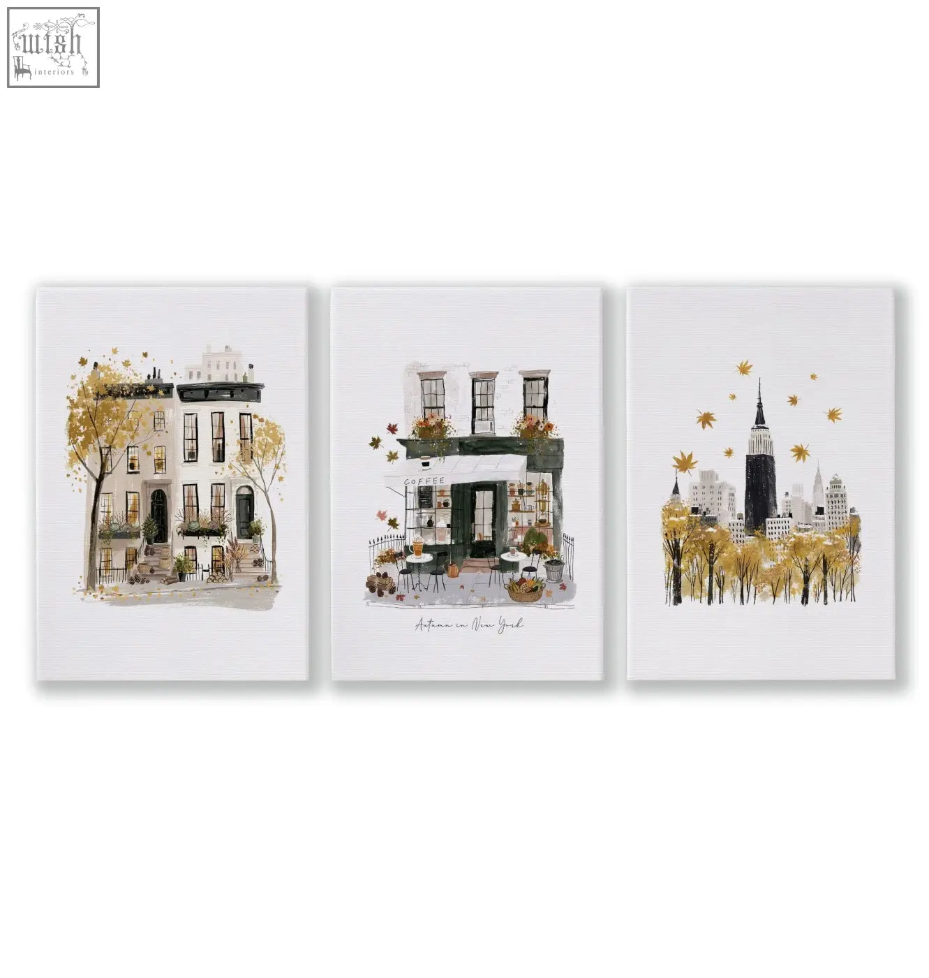 Set of three new york city wall art prints with autumn golden leaves on white canvas for bedroom decor
