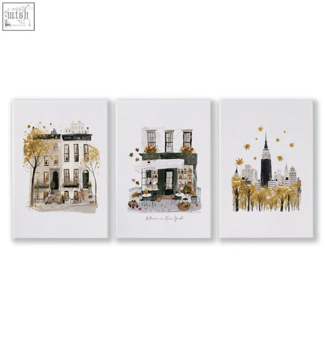 Set of three new york city wall art prints with autumn golden leaves on white canvas for bedroom decor