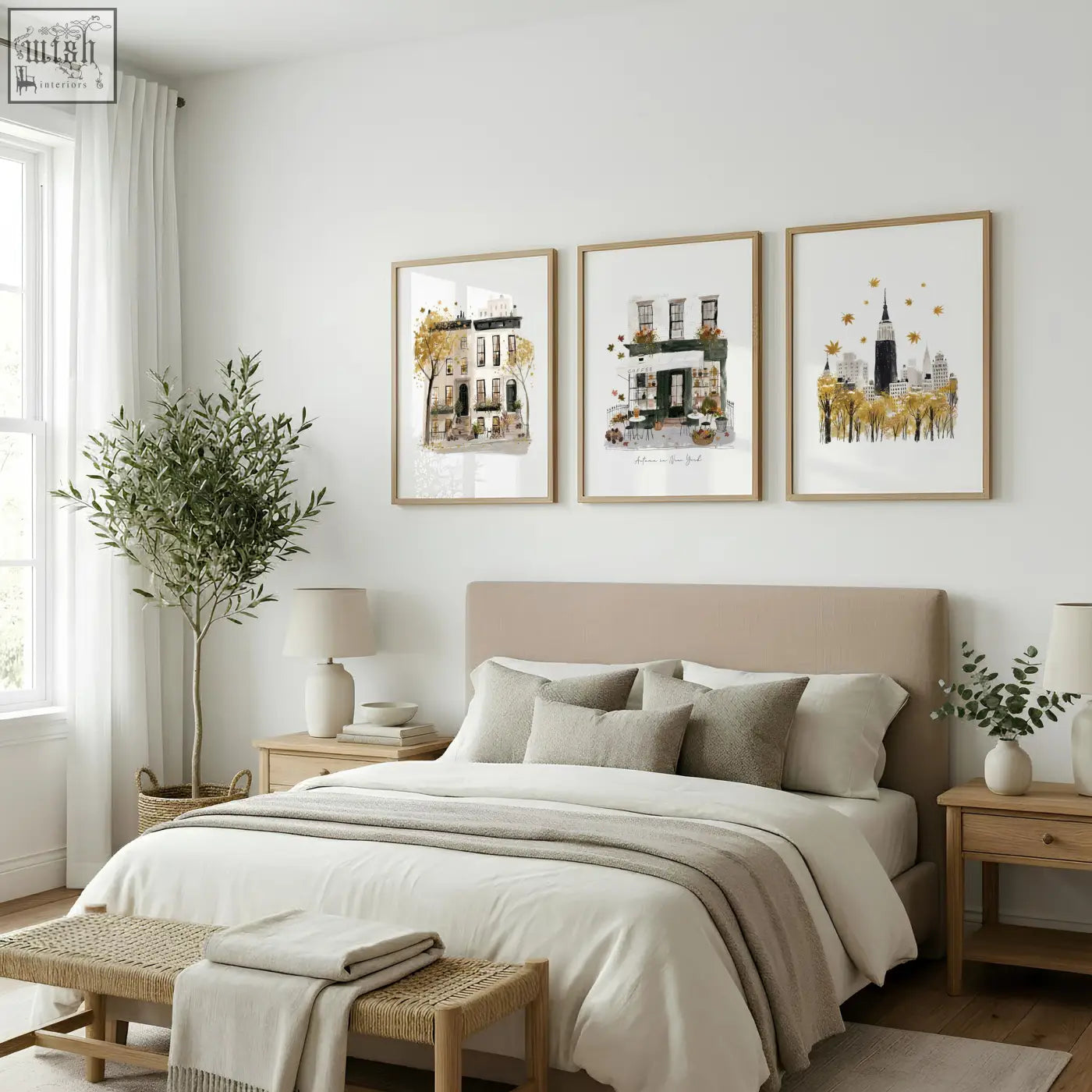 Beige upholstered bed with matching pillows and neutral duvet in bedroom featuring york city autumn wall art prints set of 3