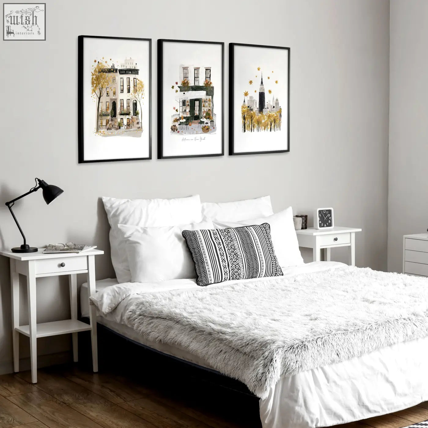 Black-framed watercolor york city wall art set of three autumn themed art prints for bedroom decor
