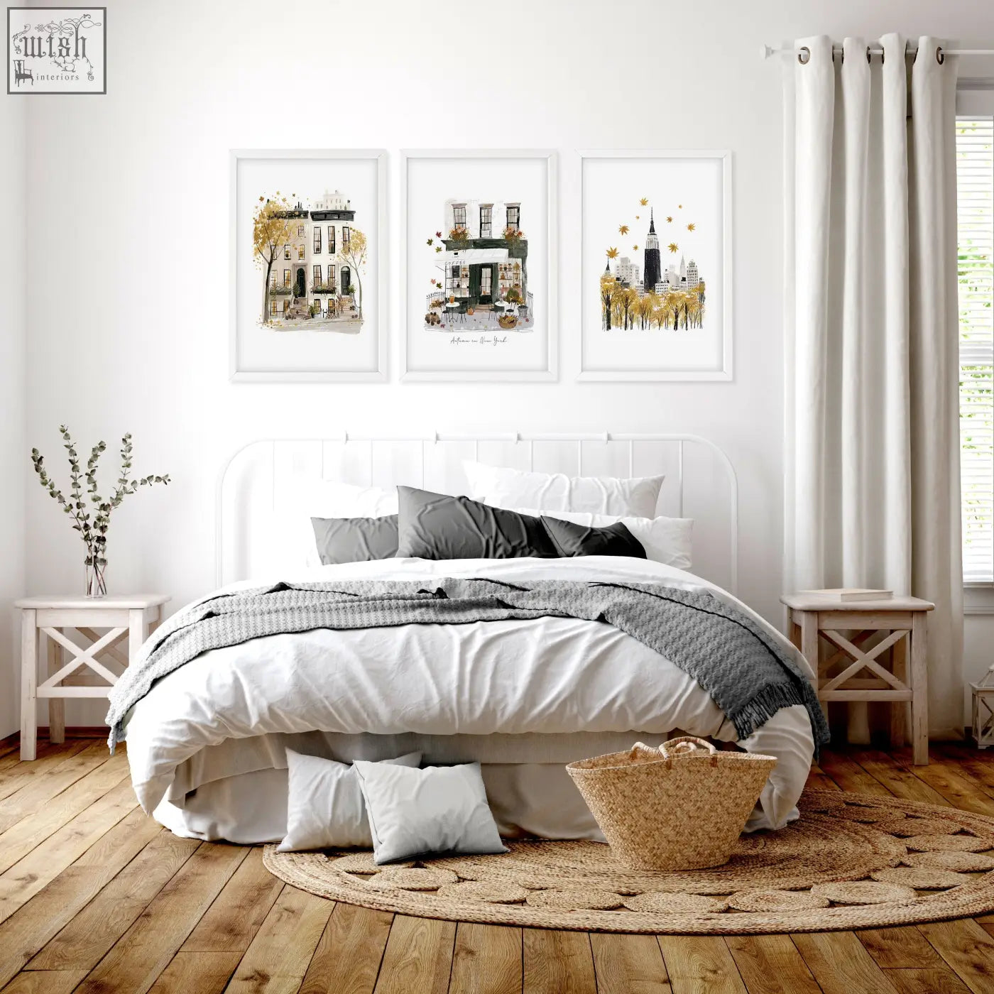 Woven natural fiber basket with handle featured alongside autumn in york city wall art prints for bedroom decor