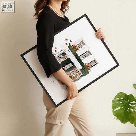 Black-framed art prints of a charming york city coffee shop with green shutters and autumn leaves for wall art