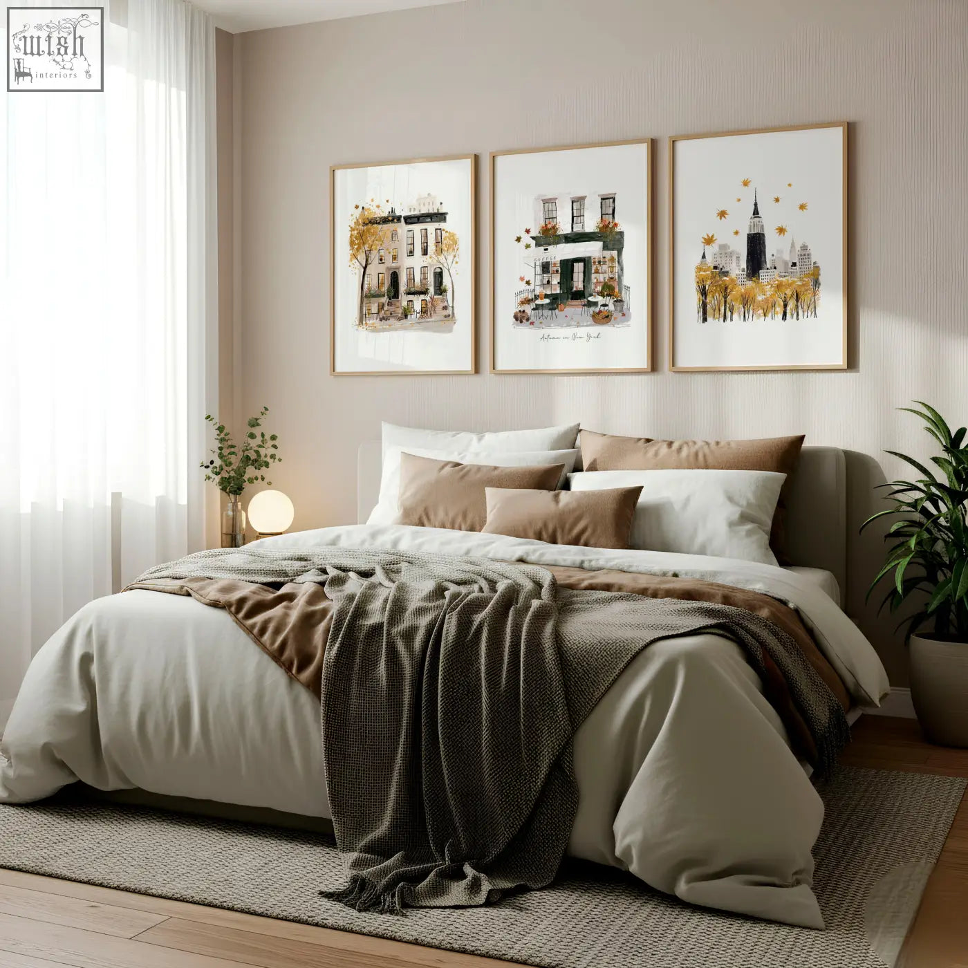A cozy bed with beige and brown linens and a dark gray throw paired with york city autumn travel wall art prints
