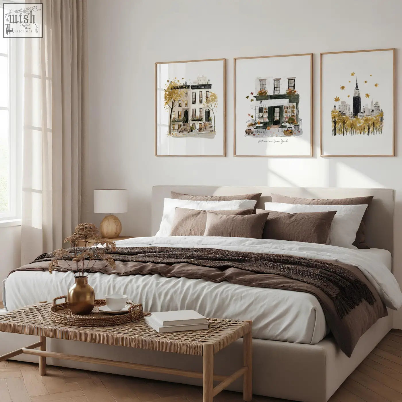 Beige upholstered bed with layered white and brown bedding in york city autumn wall art prints set of 3