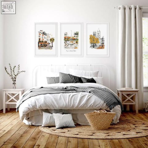 Woven wicker basket with sturdy handles in natural tan hue on jute rug for bedroom wall pictures parisian autumn travel art set
