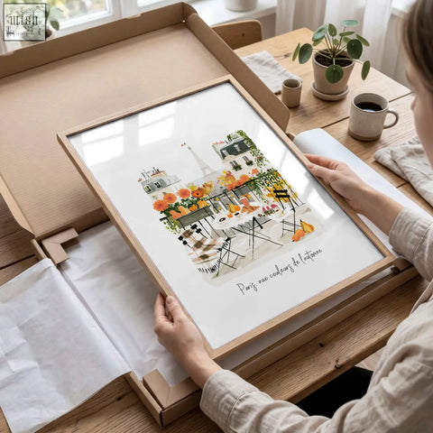 A framed watercolor parisian café scene with autumn flowers and eiffel tower wall picture for bedroom wall pictures