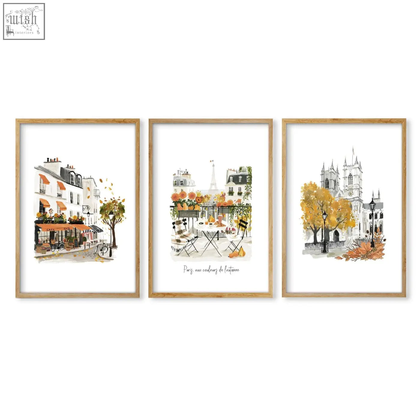 Set of three framed bedroom wall pictures with parisian autumn travel art in warm tones and light wood frames