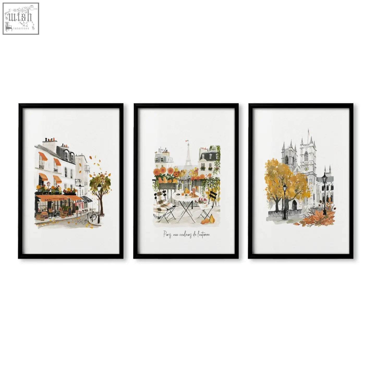 Set of three black-framed bedroom wall pictures featuring parisian autumn watercolor travel art scenes