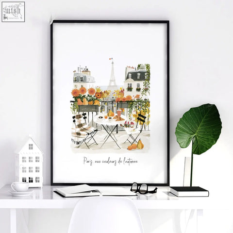 A framed parisian autumn travel art with orange flowers and eiffel tower perfect for bedroom wall pictures set of 3