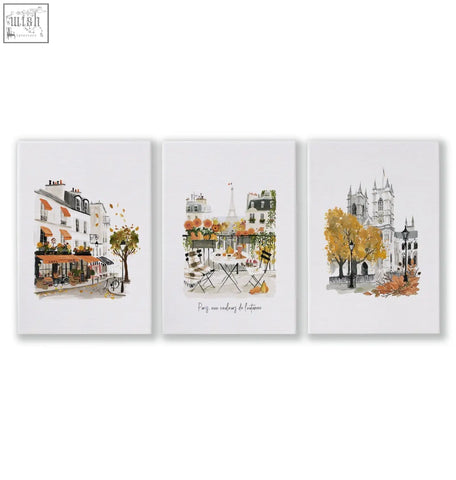 Set of three parisian autumn cityscape bedroom wall pictures on white canvas perfect for bedroom wall decor