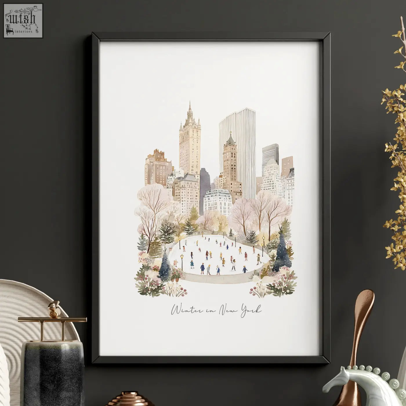 A framed black bedroom wall print featuring a winter new york city scene with an ice rink and iconic buildings
