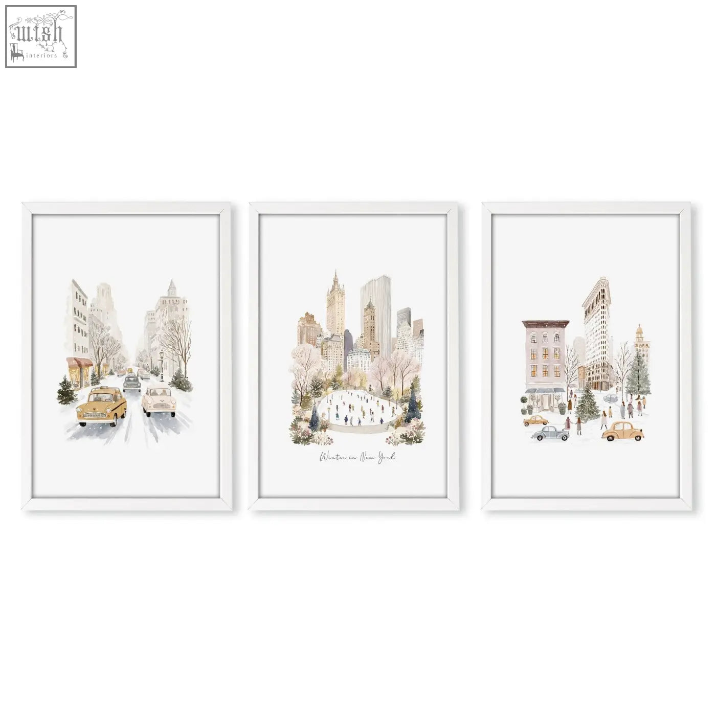 Set of three white-framed bedroom wall prints featuring snowy new york city winter scenes in watercolor style