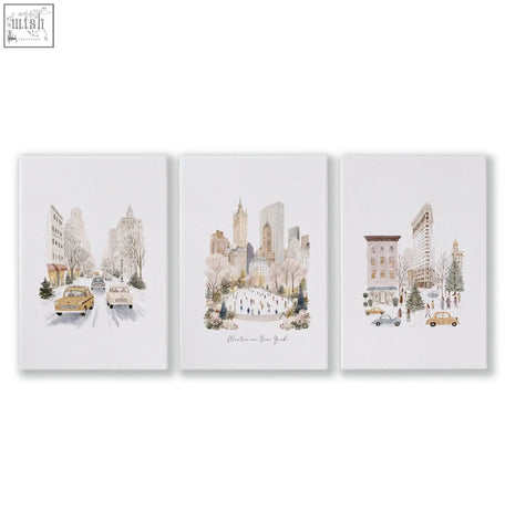 Set of three watercolor bedroom wall prints showing snowy new york cityscapes with vintage cars on white canvas