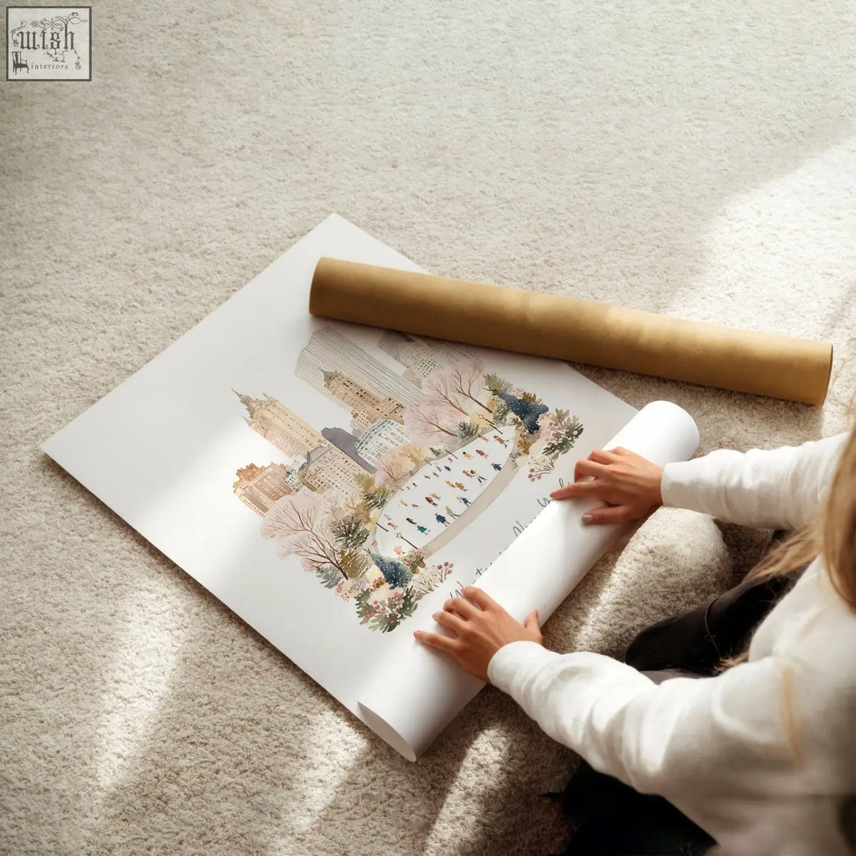 A soft watercolor city park scene on a large white poster perfect for bedroom wall prints winter in new york set of 3
