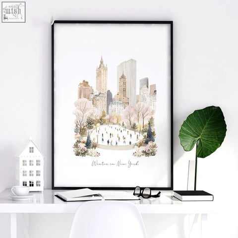 A framed watercolor bedroom wall print of winter in new york city featuring an ice rink and skyscrapers