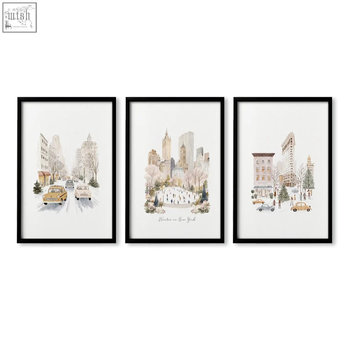 Set of three black-framed bedroom wall prints featuring snowy new york city watercolor scenes for bedroom wall decor