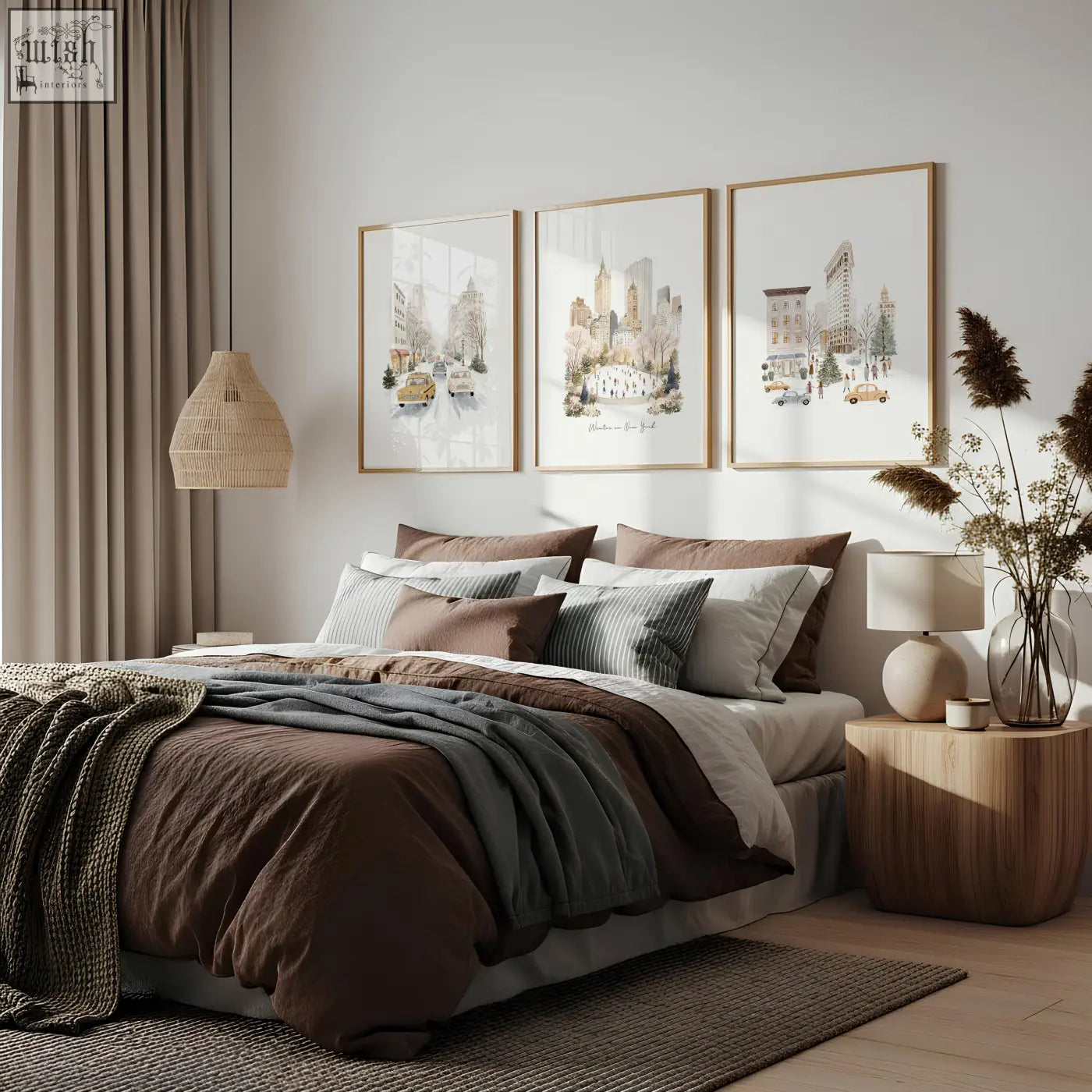A cozy bed with layered brown and gray duvet and knit throw, paired with striped pillows below bedroom wall prints winter in new york set