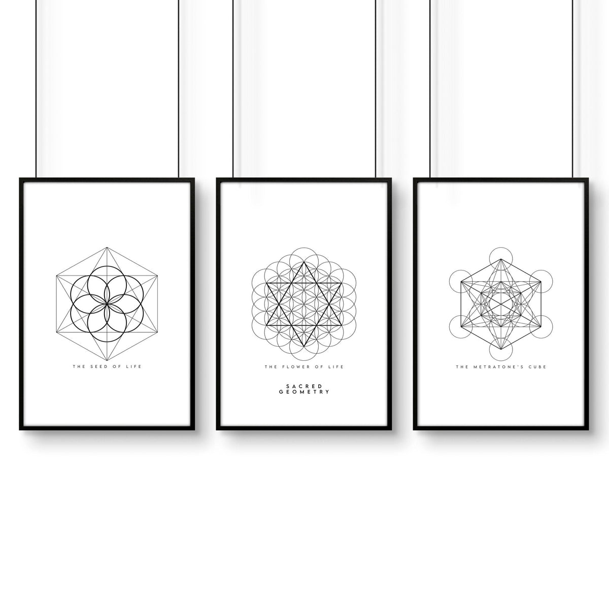 Bedrooms Black And White | Set of 3 Sacred Geometry Wall art Prints